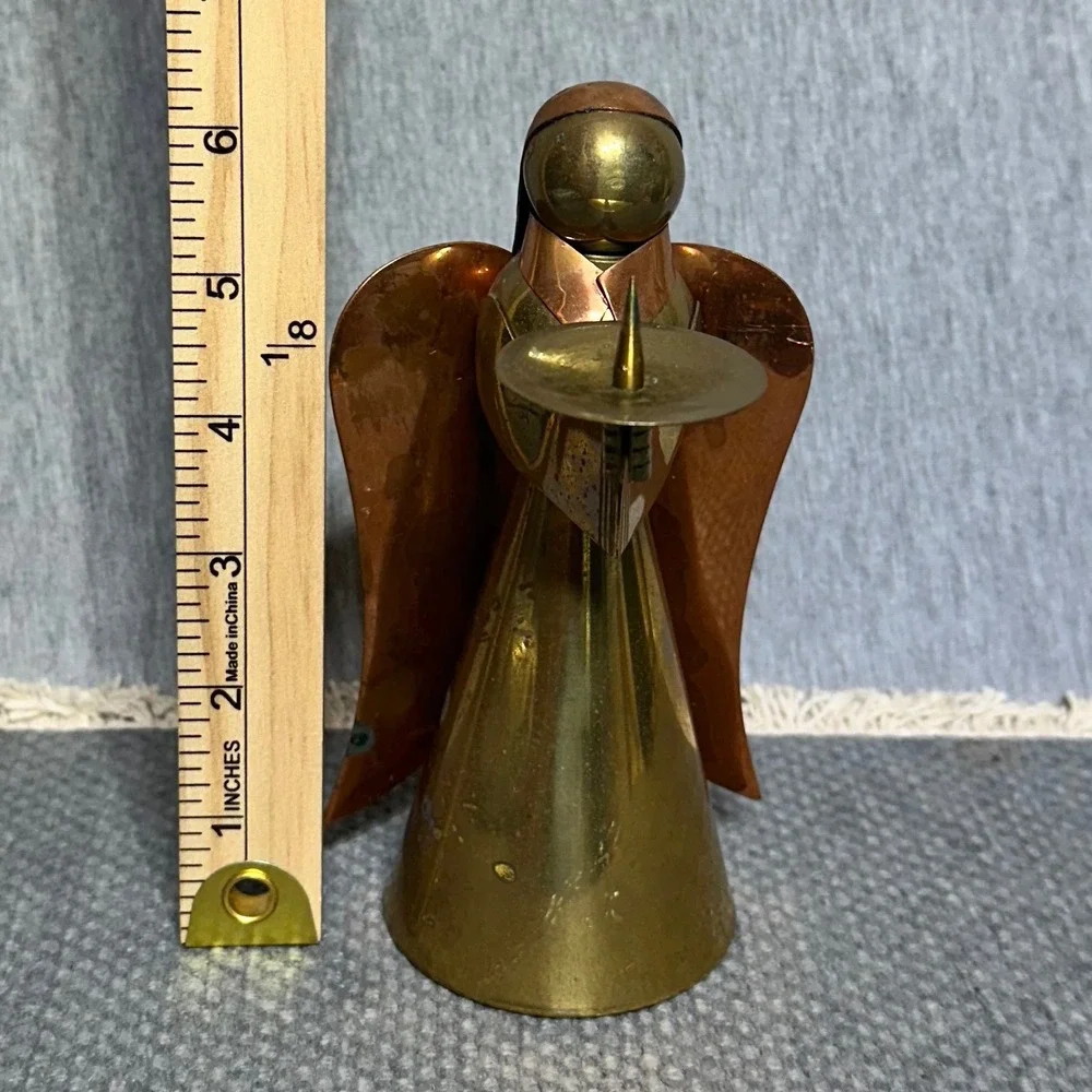 Vtg Patina ADG Contemporary Brass & Copper Angel Candle Holder Made in Hong Kong